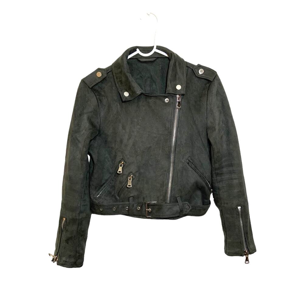 Women's Faux Suede Belted Motorcycle Style Biker Jacket Olive Green Size S